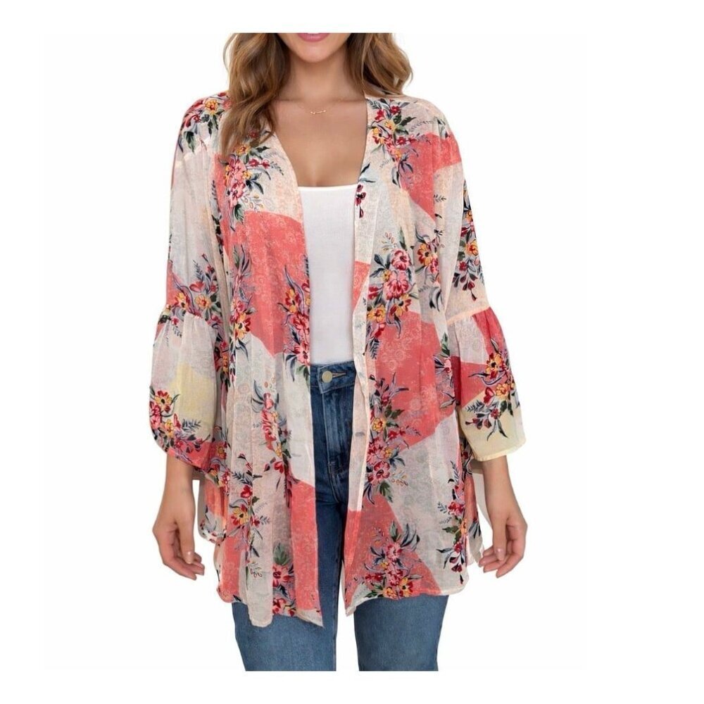 Style & Co open front Kimono lightweight SZ XL trumpet sleeve white/pink floral